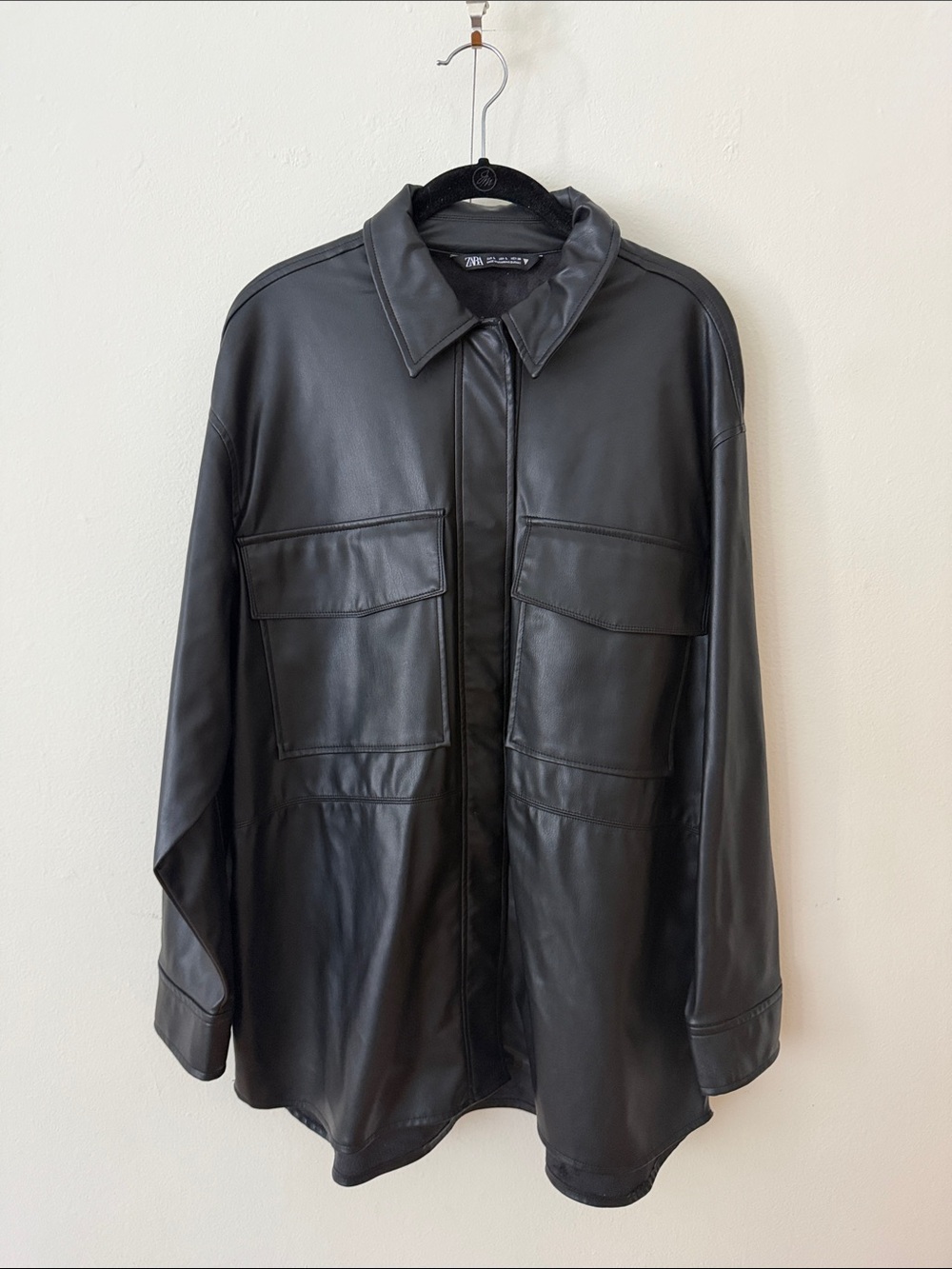 Zara Black Faux Leather Shirt Jacket